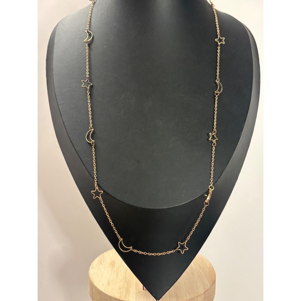 Vintage 1970s Star & Moon Celestial Station Necklace Gold Tone 23 Inch